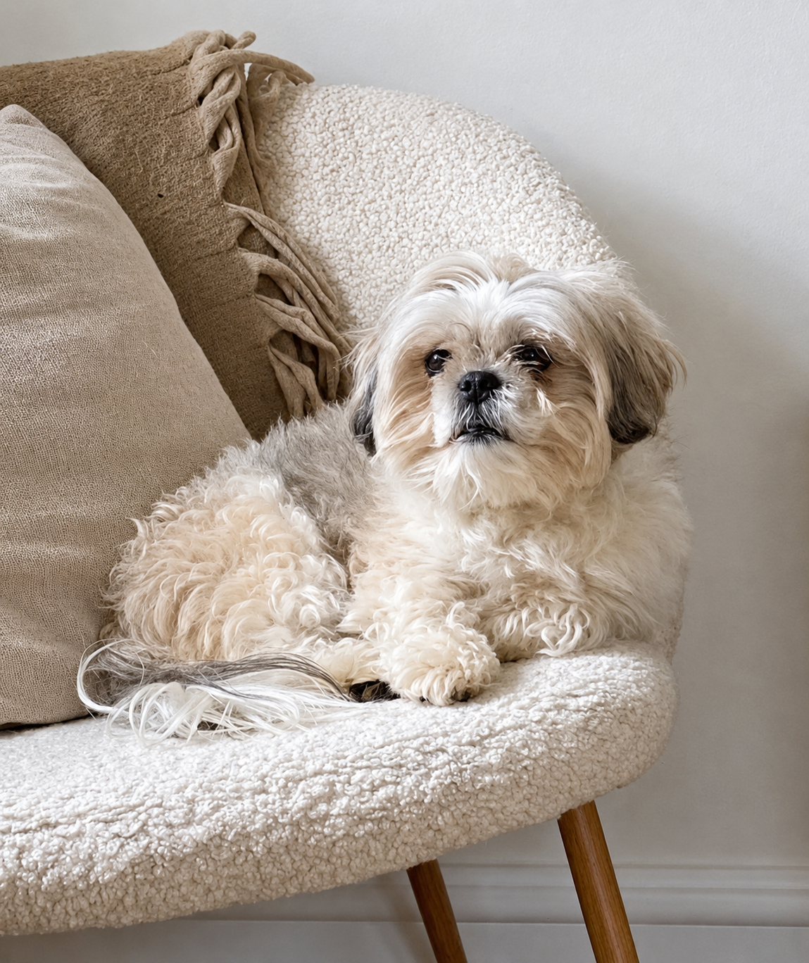 Arne, Karinas Shih Tzu, ligger afslappet på en lys lænestol